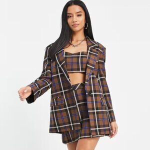 Petite blazer in brown check & matching crop top